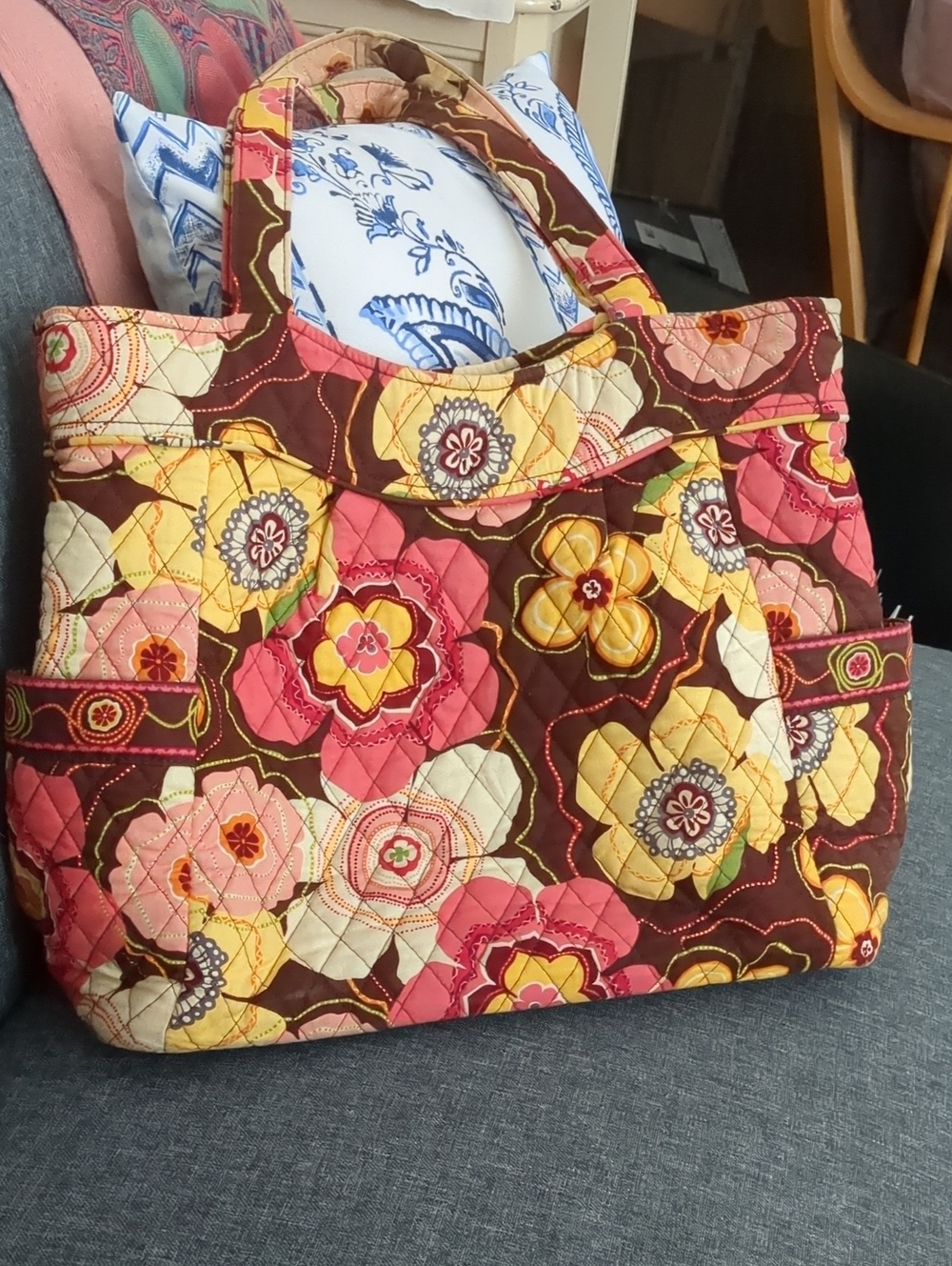 Quilted Floral Tote Bag in Pink, Yellow & Brown